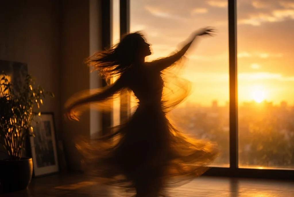 amor propio y sensualidad, baile libre en casa al atardecer