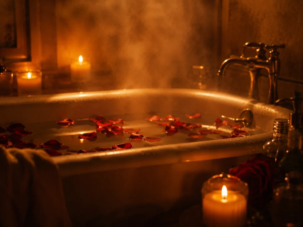 placer y autoestima, baño relajante con velas y pétalos