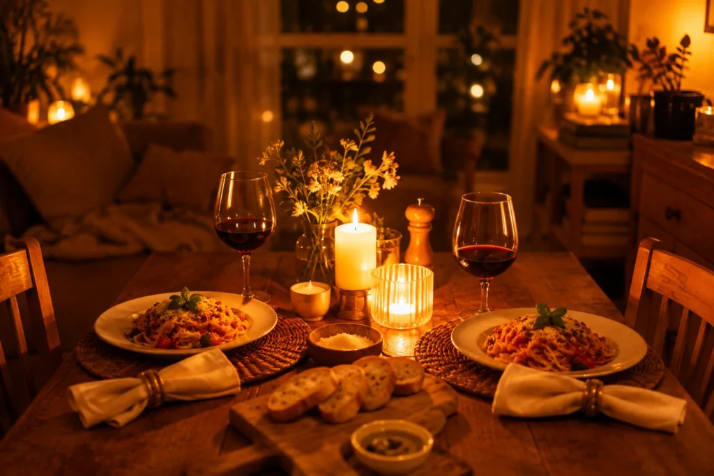 ritual romántico entre pareja, cena especial en casa